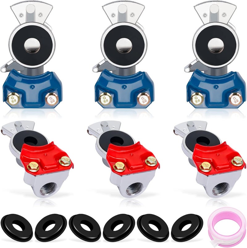 YiaChuii Glad Hands, 3 Set Blue & Red Aluminum Emergency Gladhands for Semi Trucks Trailers Air Lines 6 Glad Hand Seals - Image 1